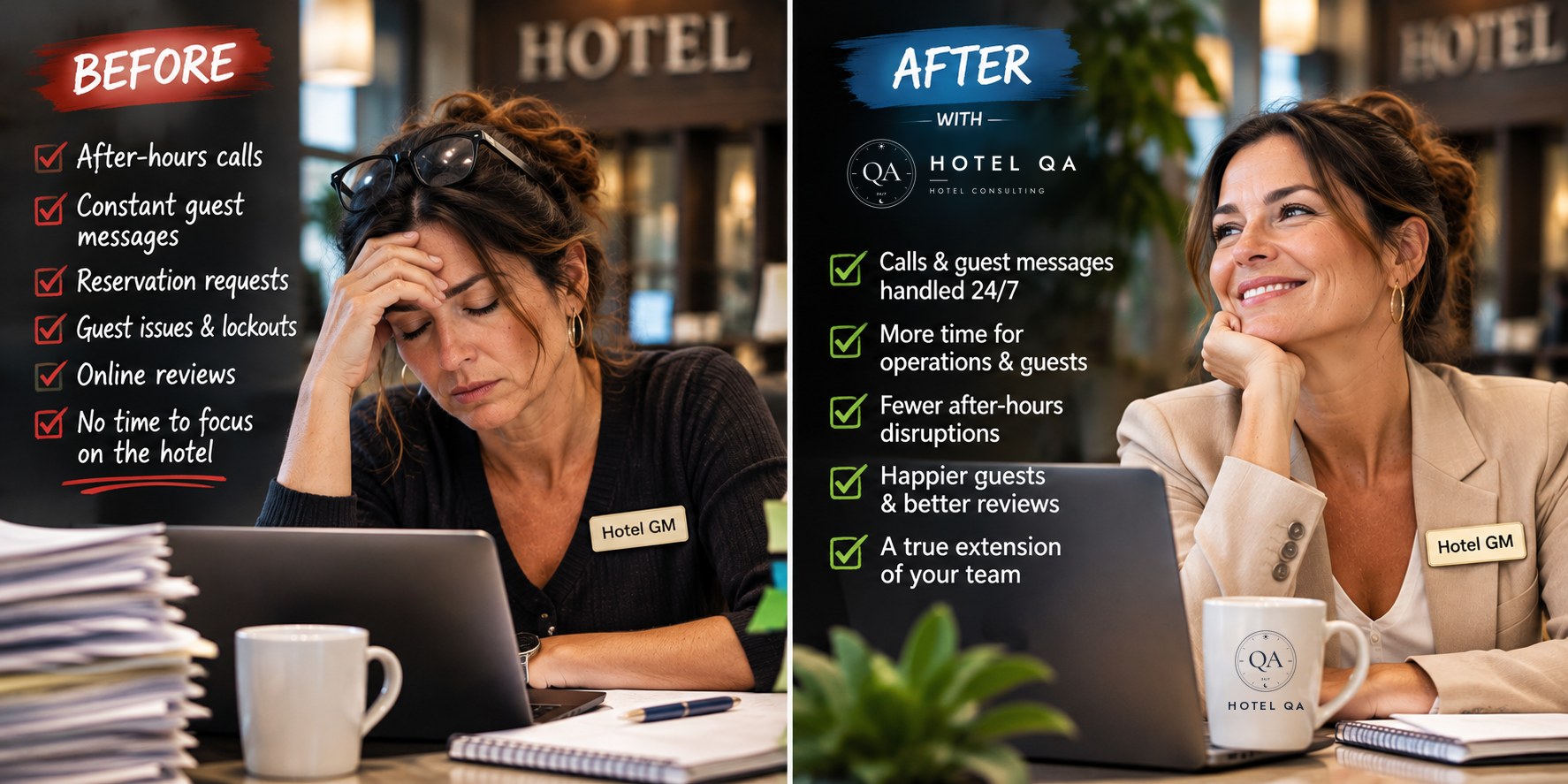 Before and after: a stressed hotel GM handling after-hours calls, guest messages, reservations and lockouts, then a relaxed GM with Hotel QA covering calls and guest messages 24/7