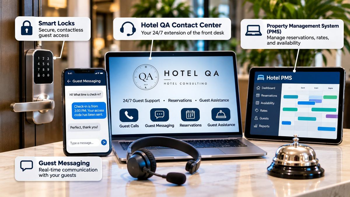 Hybrid front desk with Hotel QA: smart lock, guest messaging on a phone, the Hotel QA contact center on a laptop and a hotel PMS on a tablet